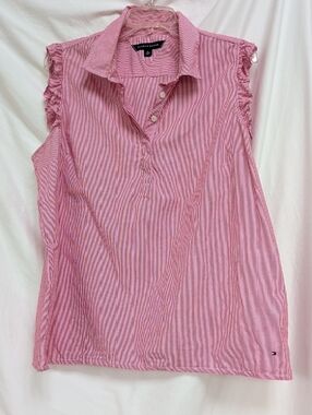 Tommy Hilfiger Red and White Striped Sleeveless Button-Down Top